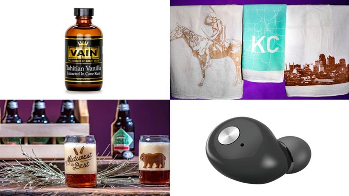 Clockwise from top left: locally made Vain vanilla extract; handmade tea towels at Urban Provisions; Stoned Audio earphones; "Midwest is Best" glass by Mid Coast Modern.