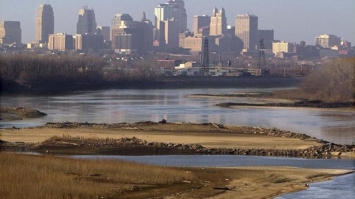 This view from the Chouteau Bridge reveals some of the sandbars that can crop up in low water. At one time, one such island held a hospital for smallpox victims.