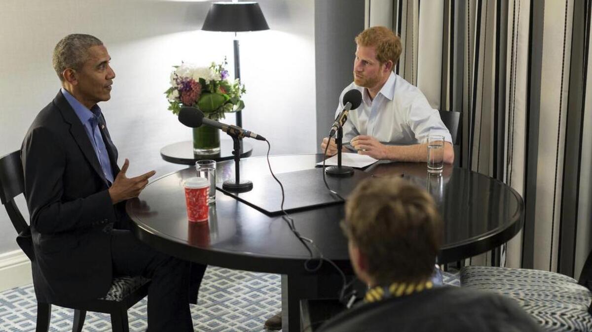 During the Invictus Games in Toronto, Britain's Prince Harry, right, interviews Barack Obama. The interview will air on BBC Radio 4's Today program Dec. 27.