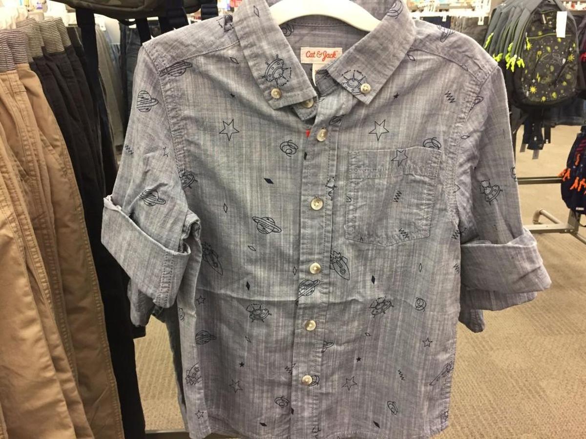 A simple chambray button-down with an awesome outer-space pattern (Cat & Jack, $14.99) would be a great topper for khaki shorts.