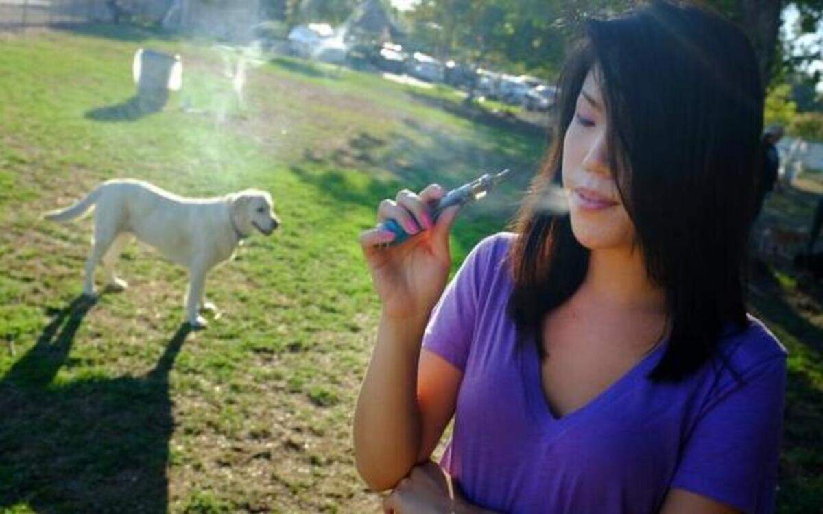 
Christine Choi takes a puff on her e-cigarette at an L.A. dog park with her pet Po. Recent surges in the use of e-cigarettes and chewing tobacco raised questions about those products on pets. 
