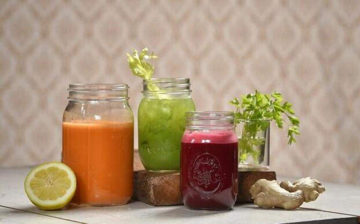 
Juicing is a great way to work fresh fruits and vegetables into your diet. Recipes shown here: I Yam What I Yam (from left), Celery Greens and Wake-Up Juice.



