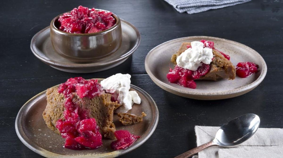 Steamed Sticky Pumpkin Pudding With Cranberry-Apple Sauce and Rum-Spiked Whipped Cream, from Carter Holton