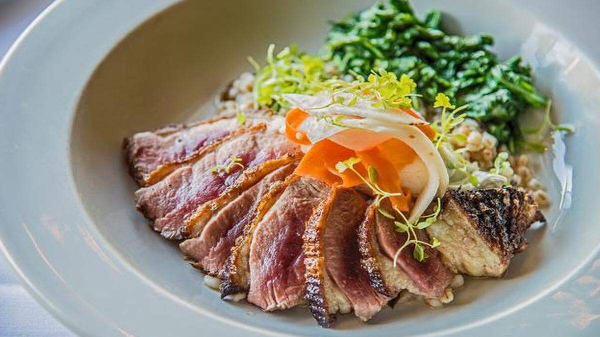 
Chef Ted Habiger of Room 39 likes to stretch a duck into several meals by cooking the breasts and legs separately. “When you spend $40 on a duck, you don’t want to use it for just one meal,” he says. 


