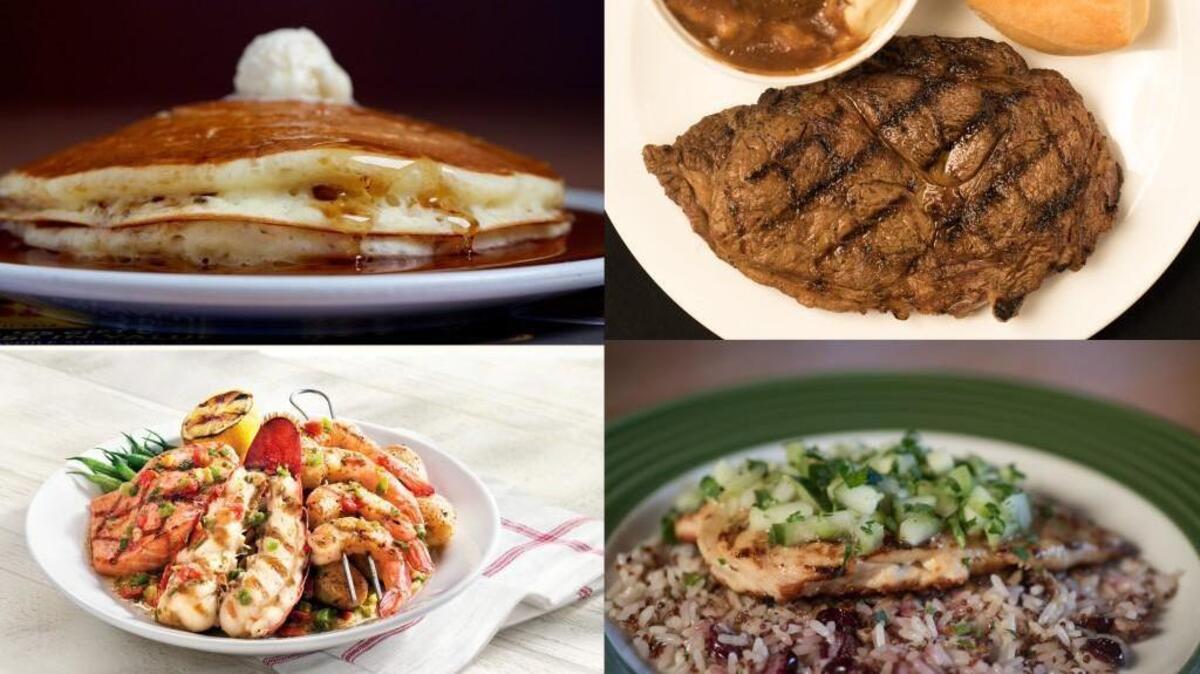 A food critic ranked America’s most popular food chains, including (clockwise from top left): Denny’s and its pancakes, Texas Roadhouse and its hand-cut steaks, Applebee’s and its lemon chicken and quinoa, and Red Lobster and its lobster, shrimp and salmon dish.