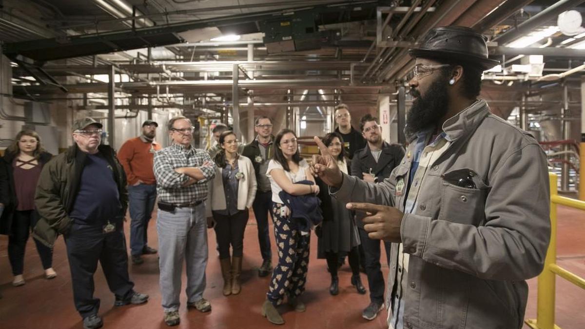 Keith Kennedy explained the brewing process as he led a tour of Boulevard Brewing Company on Monday.