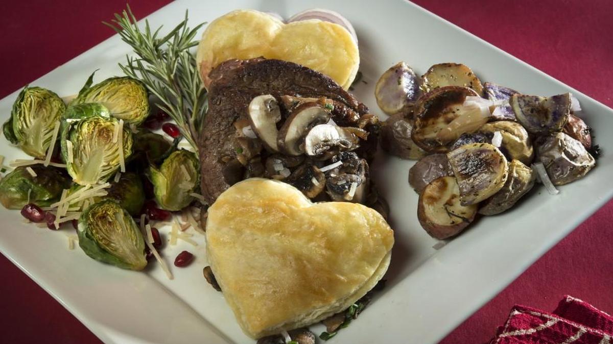 On the menu for Valentine’s Day: Honey Balsamic Brussels Sprouts, Deconstructed Beef Wellington and Garlic Roasted Baby Potatoes.