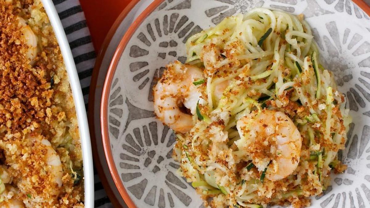 Spiralized zucchini noodles are a tasty substitution for pasta in Shrimp Skimpy Scampi.