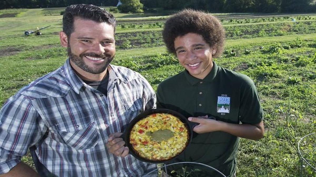 
Mashiki Mosley Jr. enjoys working on the Boys Grow farm, founded by John Gordon Jr. (left), because it gives him access to fresh produce for dishes like his Farm-Fresh Frittata.
