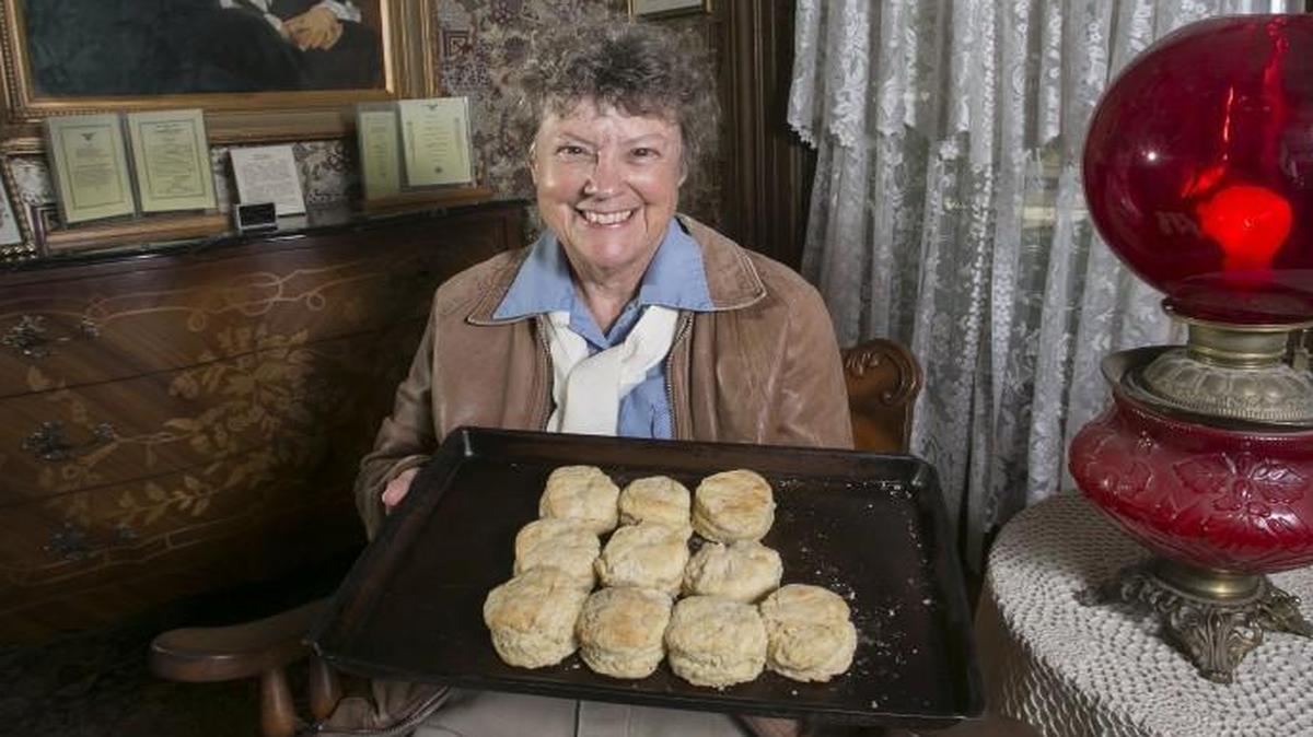 Dressed as aviator Amelia Earhart, historical performer Ann Birney of Admire, Kan., shared her grandmother’s recipe for cloud biscuits in a parlor of the Amelia Earhart Birthplace Museum in Atchison, Kan.