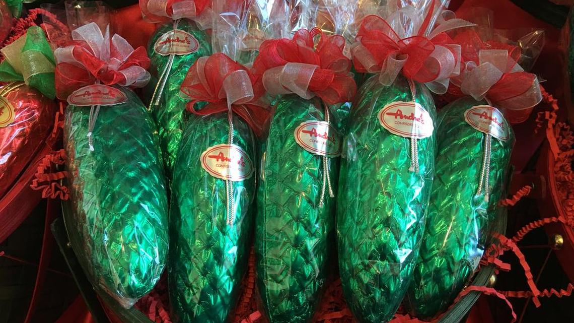 André’s Confeserie Suisse’s holiday offerings include chocolate pine cones filled with chocolate-covered almonds.