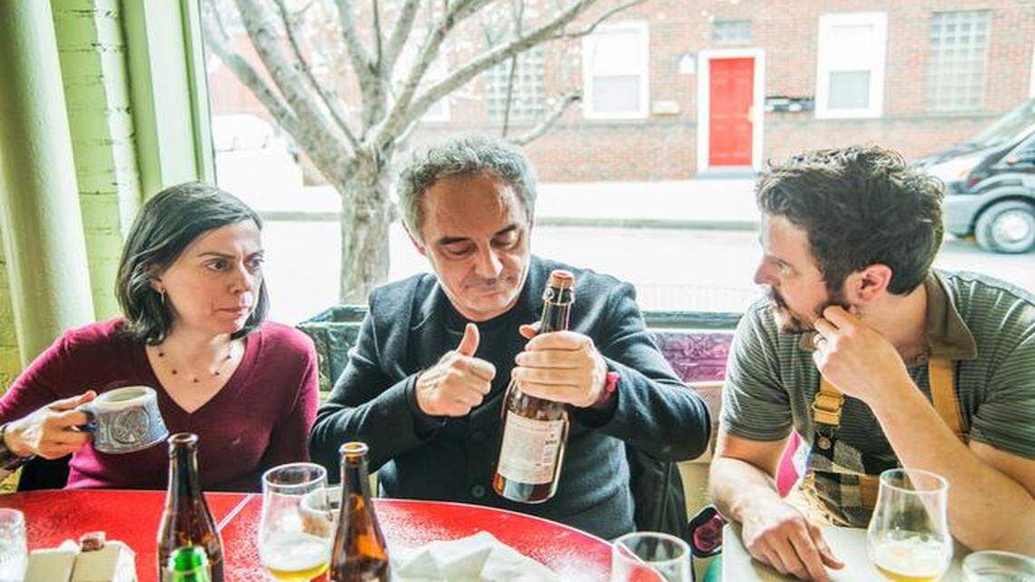 
Ferran Adrià gives a thumbs up to a bottle of Boulevard’s the Calling while talking to Josh Eans, chef/owner of Happy Gillis during a tour of Kansas City’s culinary scene recently.
