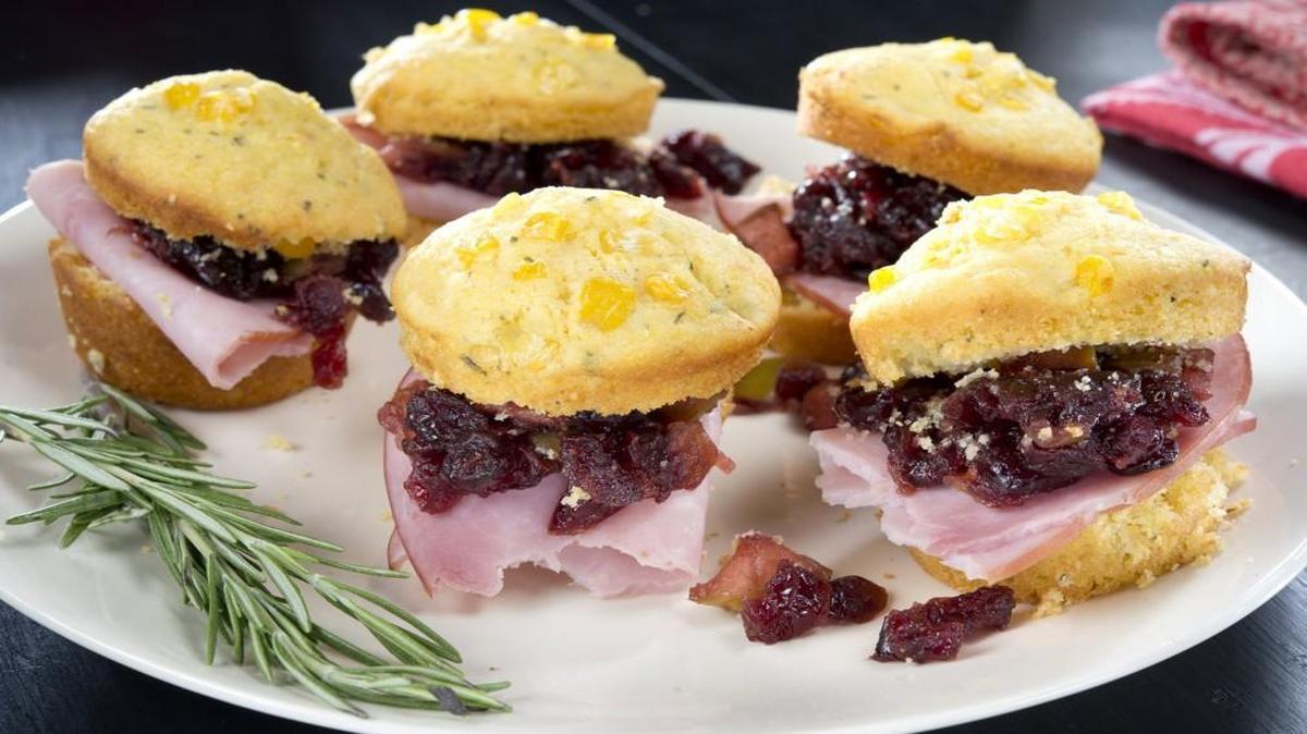 Rosemary Corn Muffins With Ham and Cranberry Chutney.