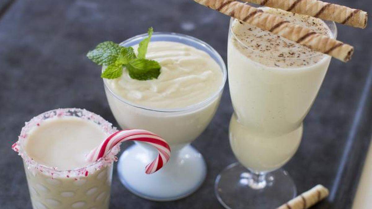 White chocolate peppermint eggnog (from left), light and airy eggnog and classic eggnog can be made using the same base recipe.