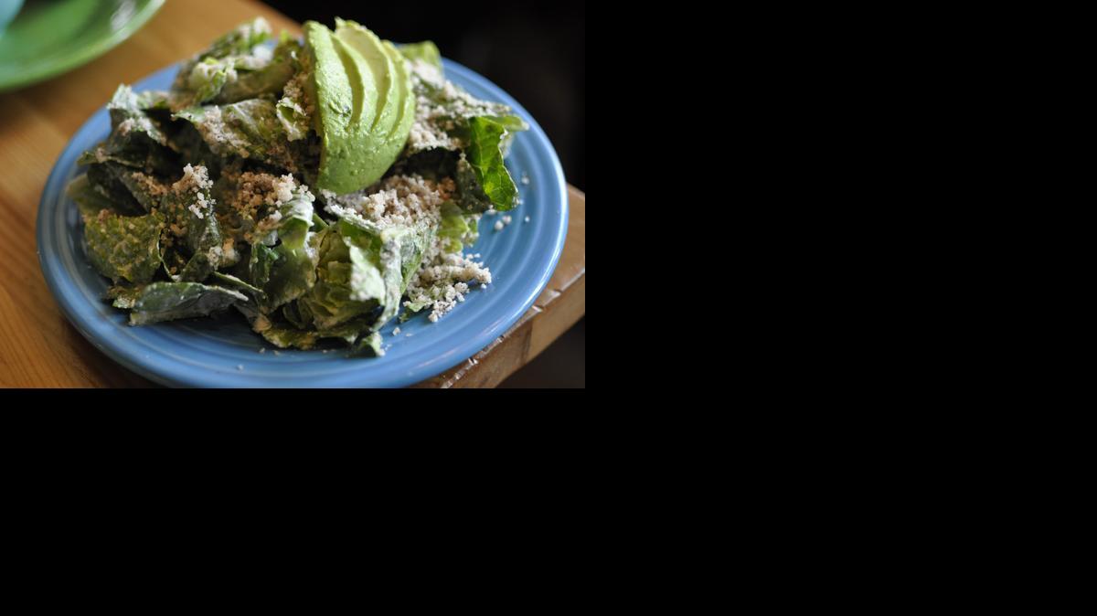 Cafe Gratitude makes a vegan version of a Caesar salad called the Dazzling salad ($6.50 for a half salad, shown here).