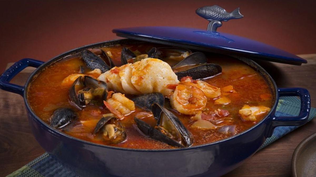 Spicy Seafood Stew showcases sustainable mussels, cod and shrimp.
