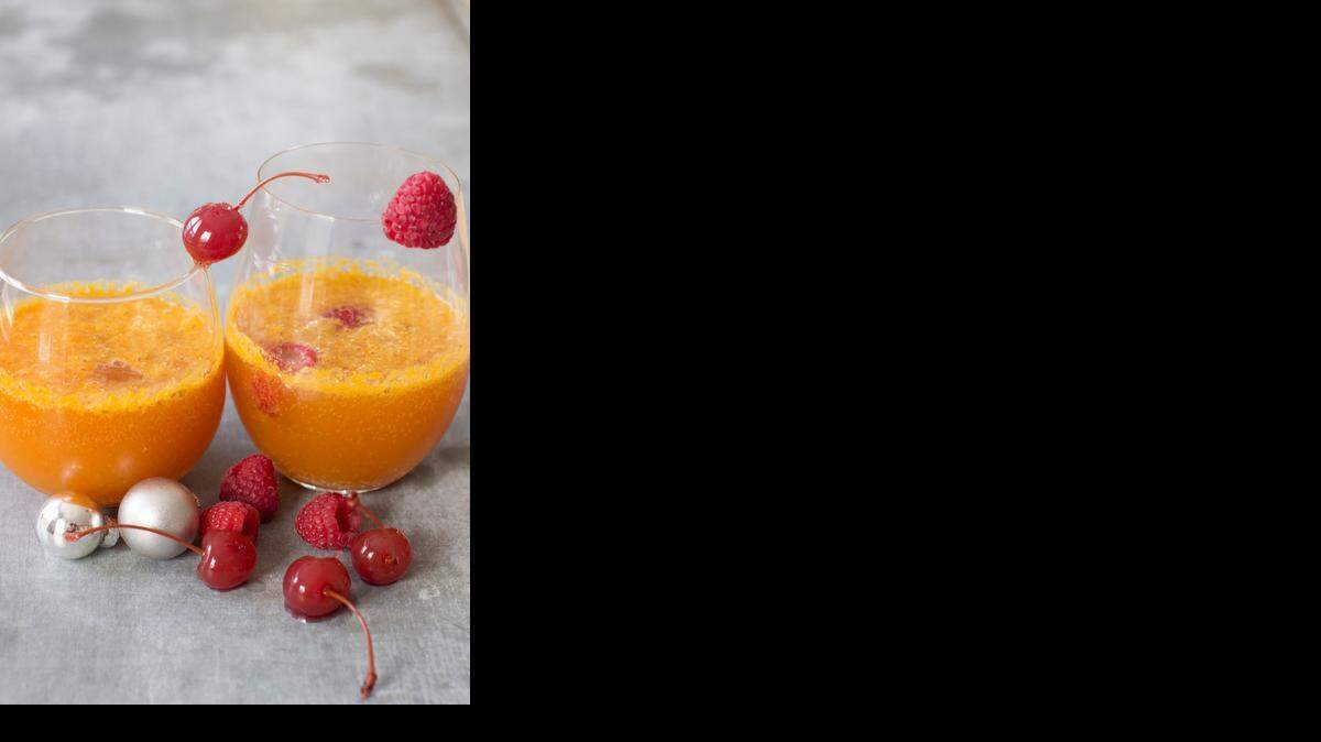 
This passion fruit Bellini uses Italian maraschino liqueur, which is a little less sweet than other cherry liqueurs and sets off the tartness of the passion fruit juice perfectly. 
