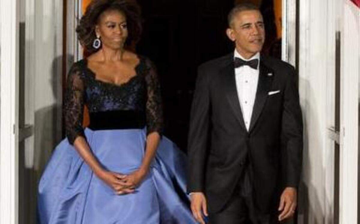 
Michelle Obama wore a donated Carolina Herrera gown when she and Barack Obama hosted a state dinner for the French president in February.


