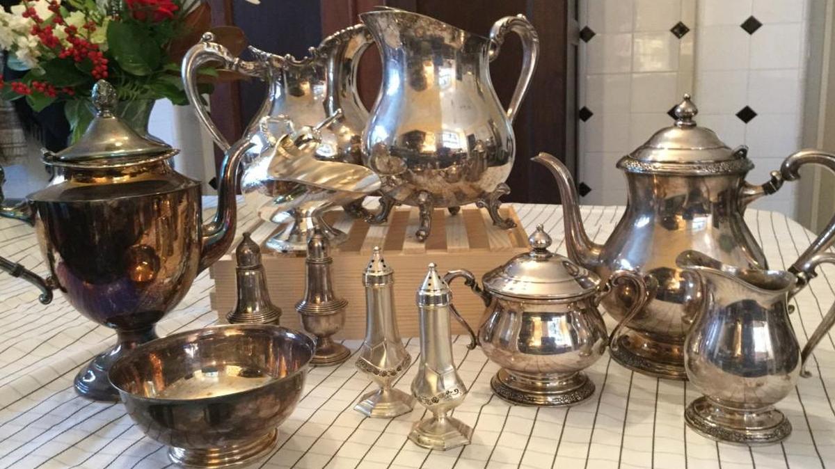 I expanded my small collection of vintage silver this year with teapots, a sugar bowl and creamer, salt and pepper shakers, a nut bowl, two water pitchers that I use during dinner parties and a sugar scuttle. I didn’t even know there was a such thing as a sugar scuttle before buying this one on Craigslist. Nothing here cost more than $20. I display all of them together on a window shelf in our kitchen.
