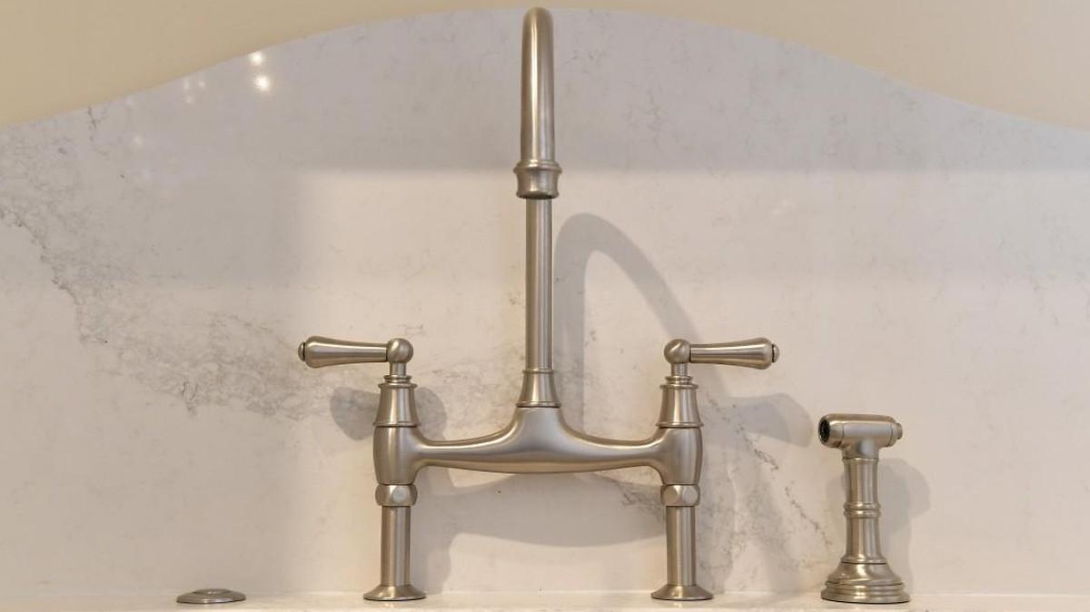 This high-arc kitchen faucet, from Rohl’s Perrin & Rowe collection, is both Victorian and sculptural in design.