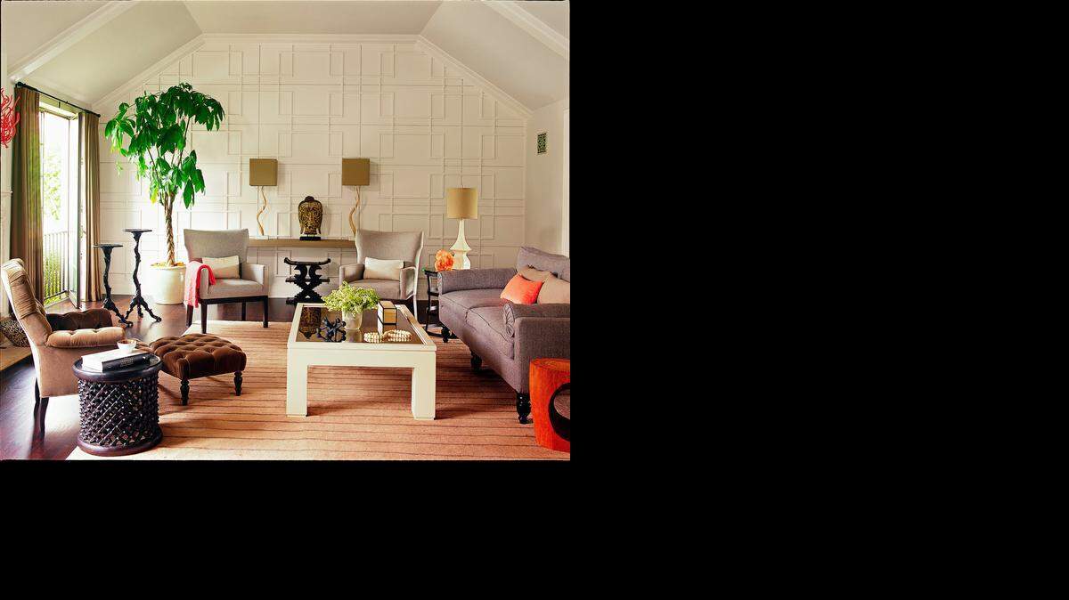In this living room, interior designer Betsy Burnham, of Burnham Design in Los Angeles, balanced a subtle palette of neutral colors with a mix of rich textures and unique shapes.