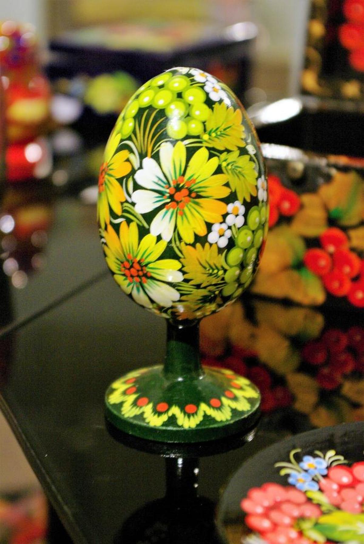 Along with the paintings, the Art4U gallery features a selection of traditional Ukrainian crafts such as this egg painted by people from the village of Petrykivka.
