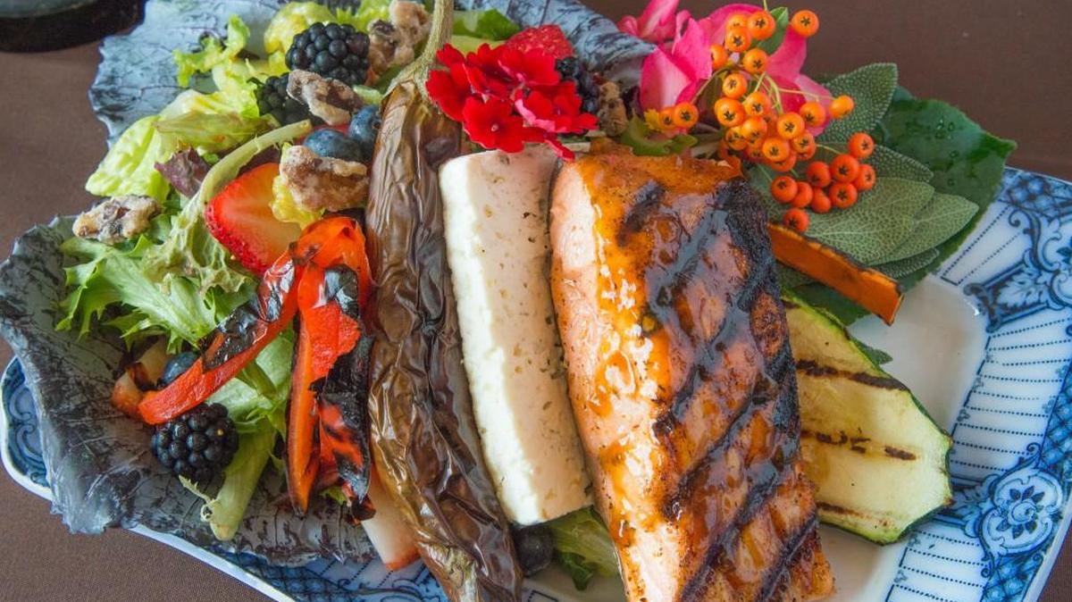Salmon and salad, photographed at Vivilore in 2016.