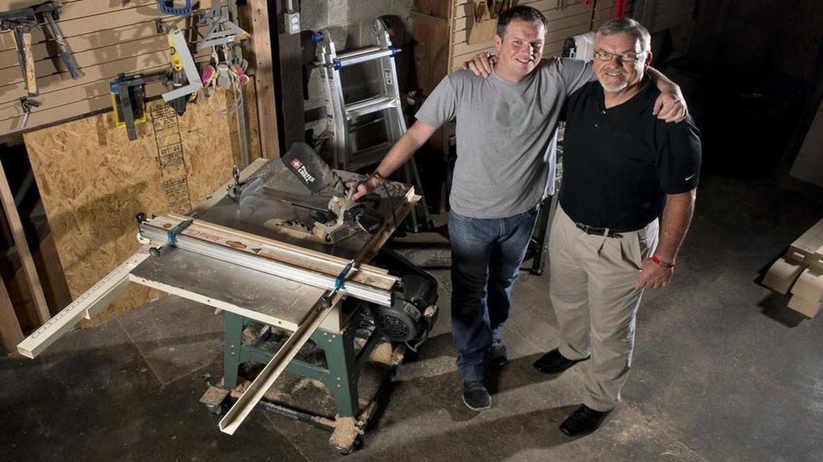 
Brett Porter (left) started his business, Porter Furniture, using his father John Porter’s (right) tools. The business was in his dad’s basement before moving to this showroom on 63rd Street in Raytown.
