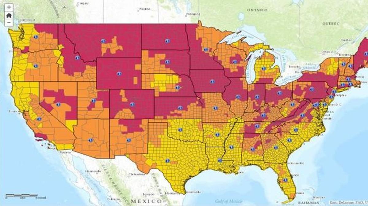The areas in orange and red denote regions with radon levels of 2-4 pCi/L.
