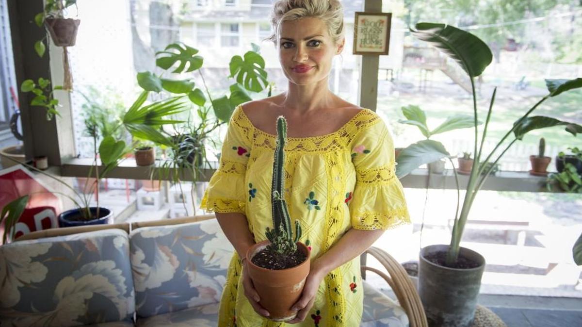 Lindsay Michael, owner of Happy Cactus, holds a mother cactus that she will take cuttings from to make several new plants.
