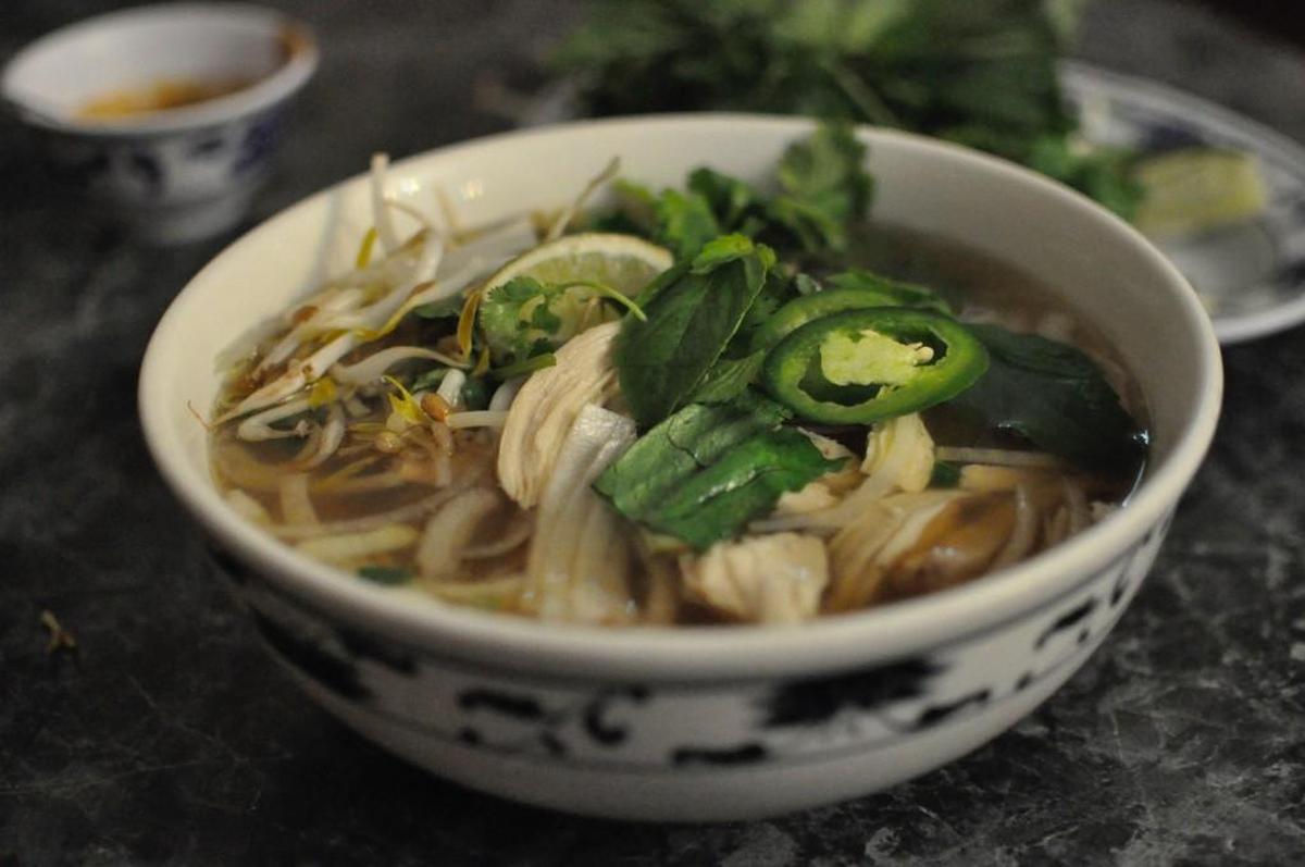 The pho at Vietnam Cafe comes with lots of toppings: crisp bean sprouts, sliced jalapeno, fresh basil, cilantro and lime wedges.