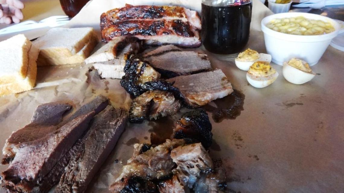 Lockhart Smokehouse beef clod, pork, spareribs, Santo Beer, brisket, mac-n-cheese, Devil’s Eggs and Wagyu beef belly.