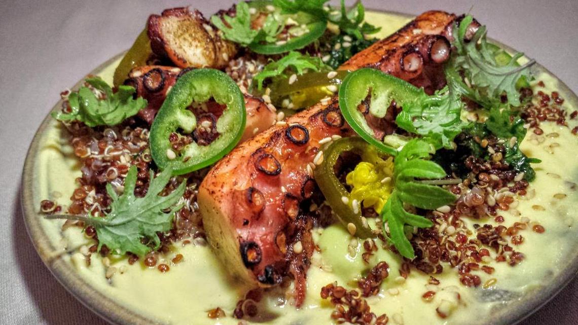 
Charred Spanish octopus, jalapeno, cilantro, orange yogurt, quinoa and benne

