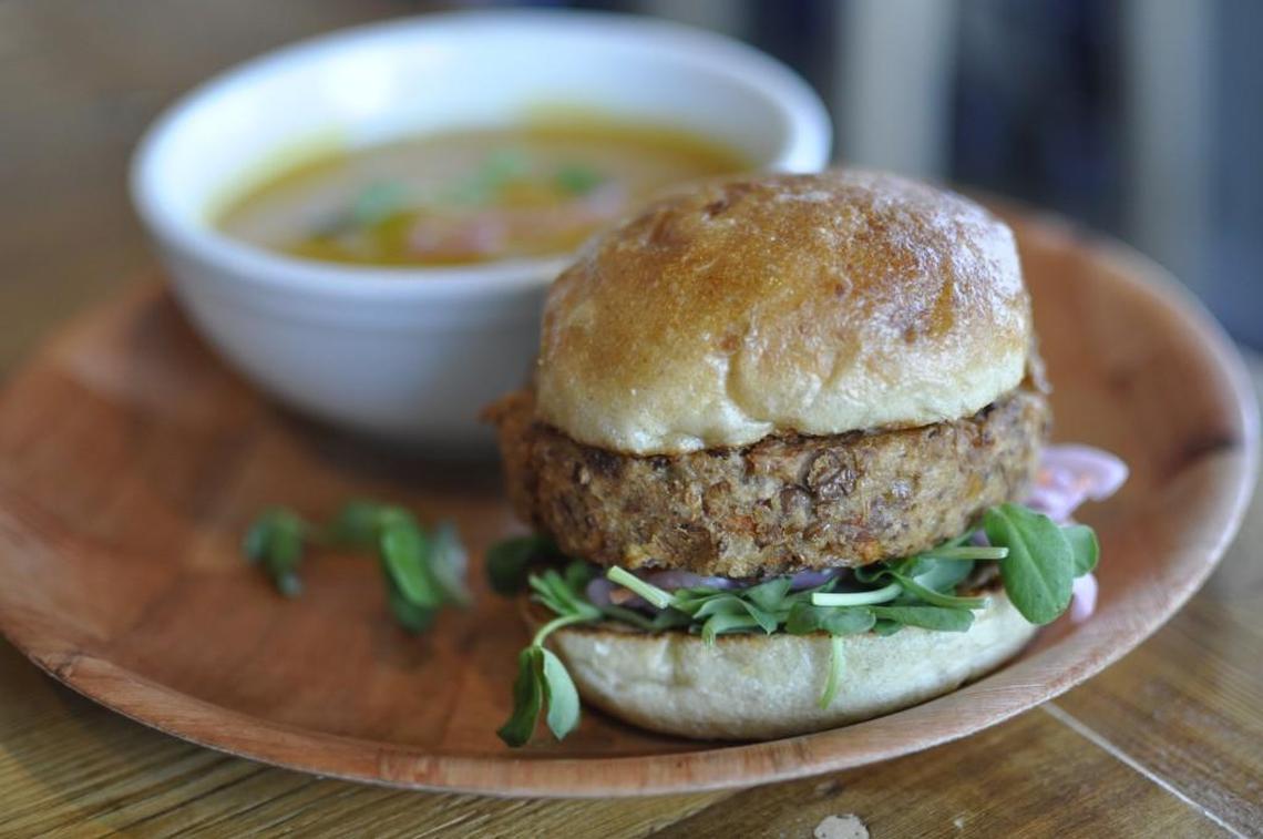 The veggie burger at Howard’s is a thick patty packed with quinoa, lentils, brown rice, red beans, carrots, garlic and wild, local chanterelle mushrooms.