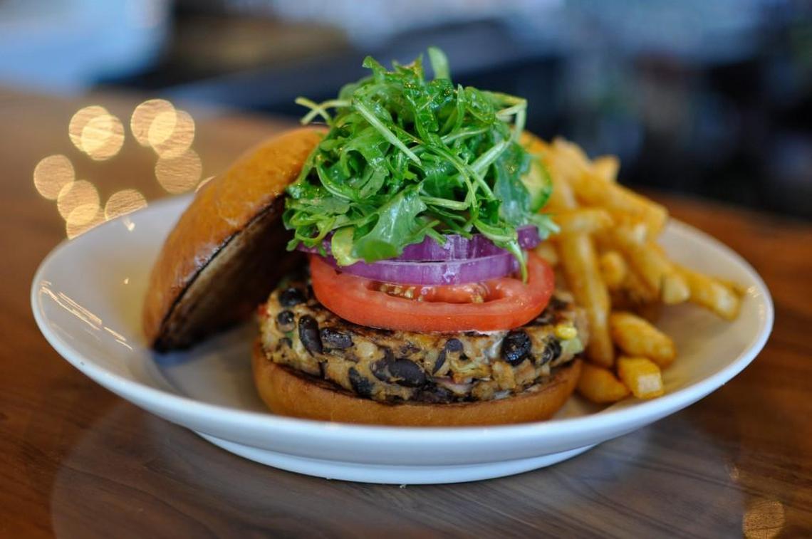 Rockhill Grille’s hefty veggie burger patty is made with a mix of artichoke hearts, black beans, brown rice, corn, green onions, red peppers, onions and sweet potato.