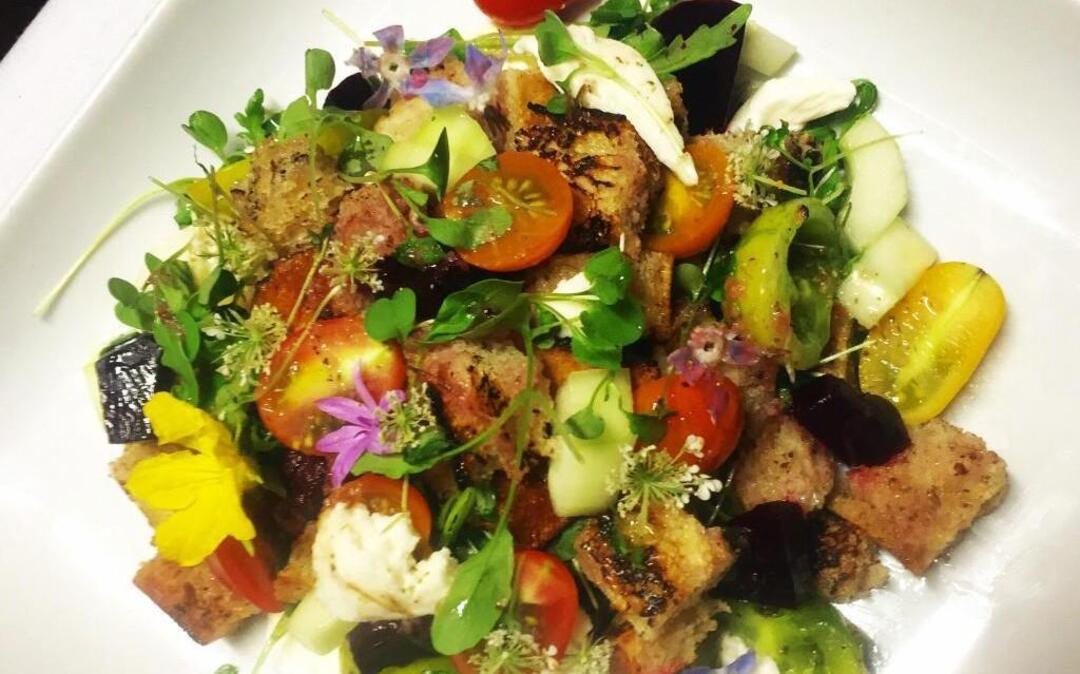 The Panzanella Salad ($13) at Room in Midtown wins Most Photogenic, with edible blossoms adorning mixed greens, farm tomotoes, beets, cucumbers, mozzarella, brioche croutons, bacon and pesto vinaigrette. 