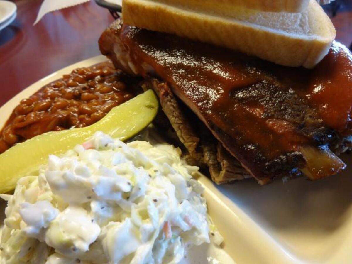 Smokin’ Joe’s creamy coleslaw, pit beans, ribs, rib tips and brisket.
