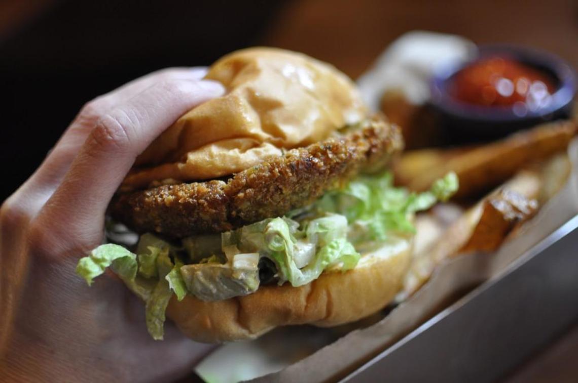 Chickpeas form the foundation of Brewery Emperial’s falafel burger, which comes with vegan cucumber mayo, lettuce, onions and garlic-parsley sauce.