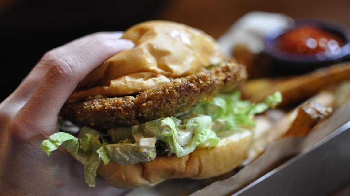 Chickpeas form the foundation of Brewery Emperial’s falafel burger, which comes with vegan cucumber mayo, lettuce, onions and garlic-parsley sauce.