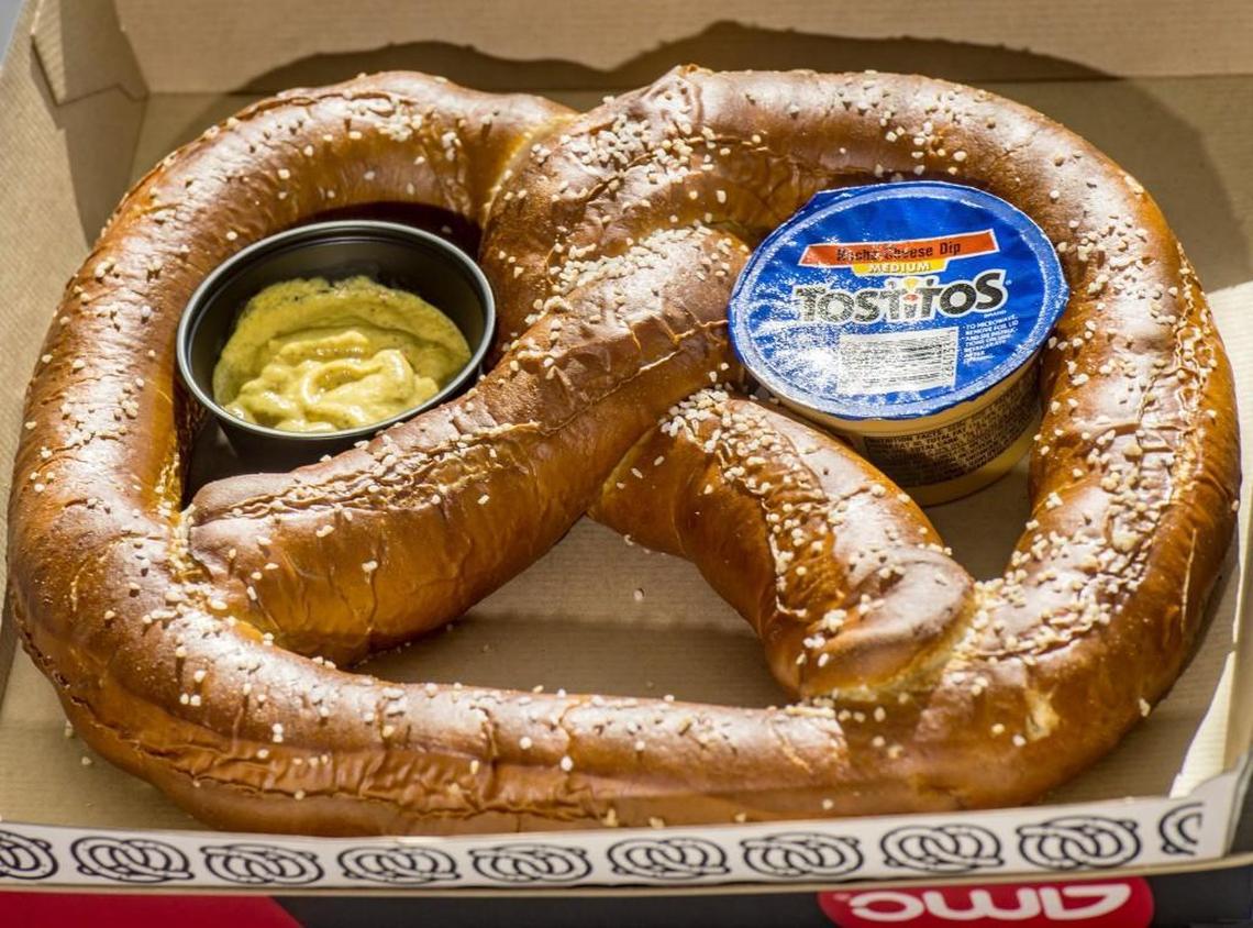 The Bavarian Legend is a 1.5-pound pretzel served with spicy brown mustard and warm cheese dip. It’s available at the concession stand at Kansas City area AMC Theatres and will soon roll out nationally on the theater chain’s new Feature Fare menu.