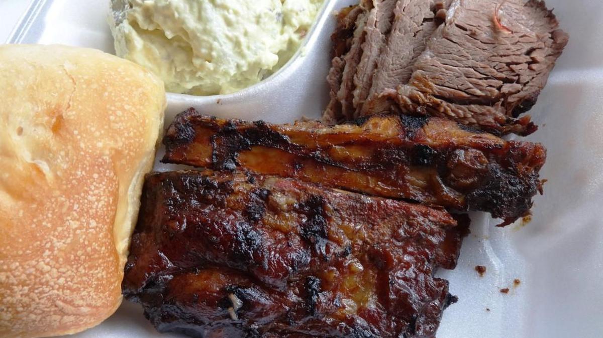 Sonny Bryan’s spareribs, potato salad and brisket.