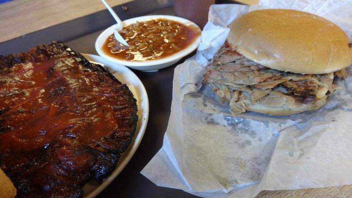 Wyandot Barbeque’s ribs, beans, and beef on a bun.