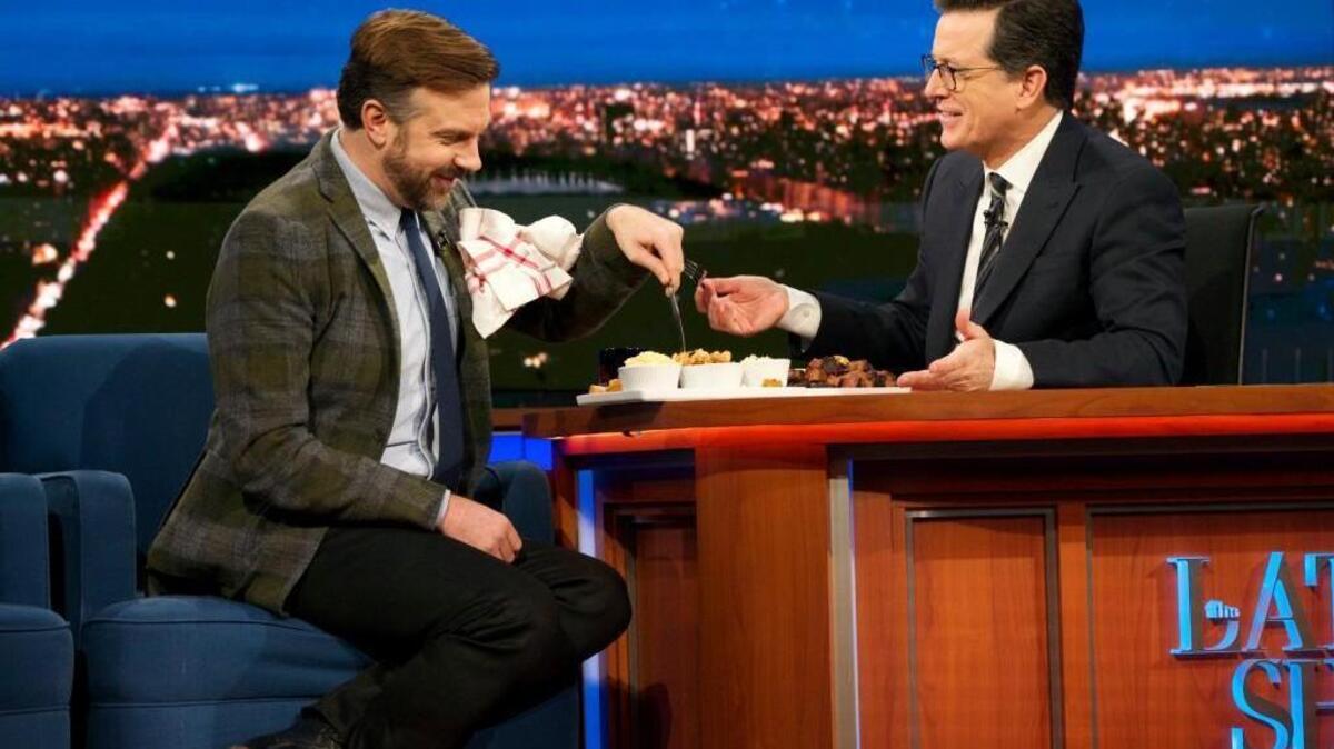 Jason Sudeikis requested burnt ends from Joe’s Kansas City for his “Late Show” barbecue battle with Stephen Colbert. Joe’s also sent sides, sauces and a Z-Man sandwich kit “for good luck.”