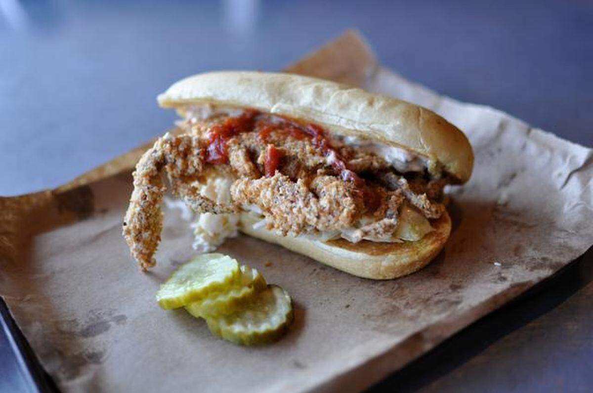 Joe’s Kansas City’s soft-shell crab po’ boy comes with BBQ remoulade, shredded cabbage and tomato jam. The $10.99 sandwich comes with one side and is available on Fridays during Lent.