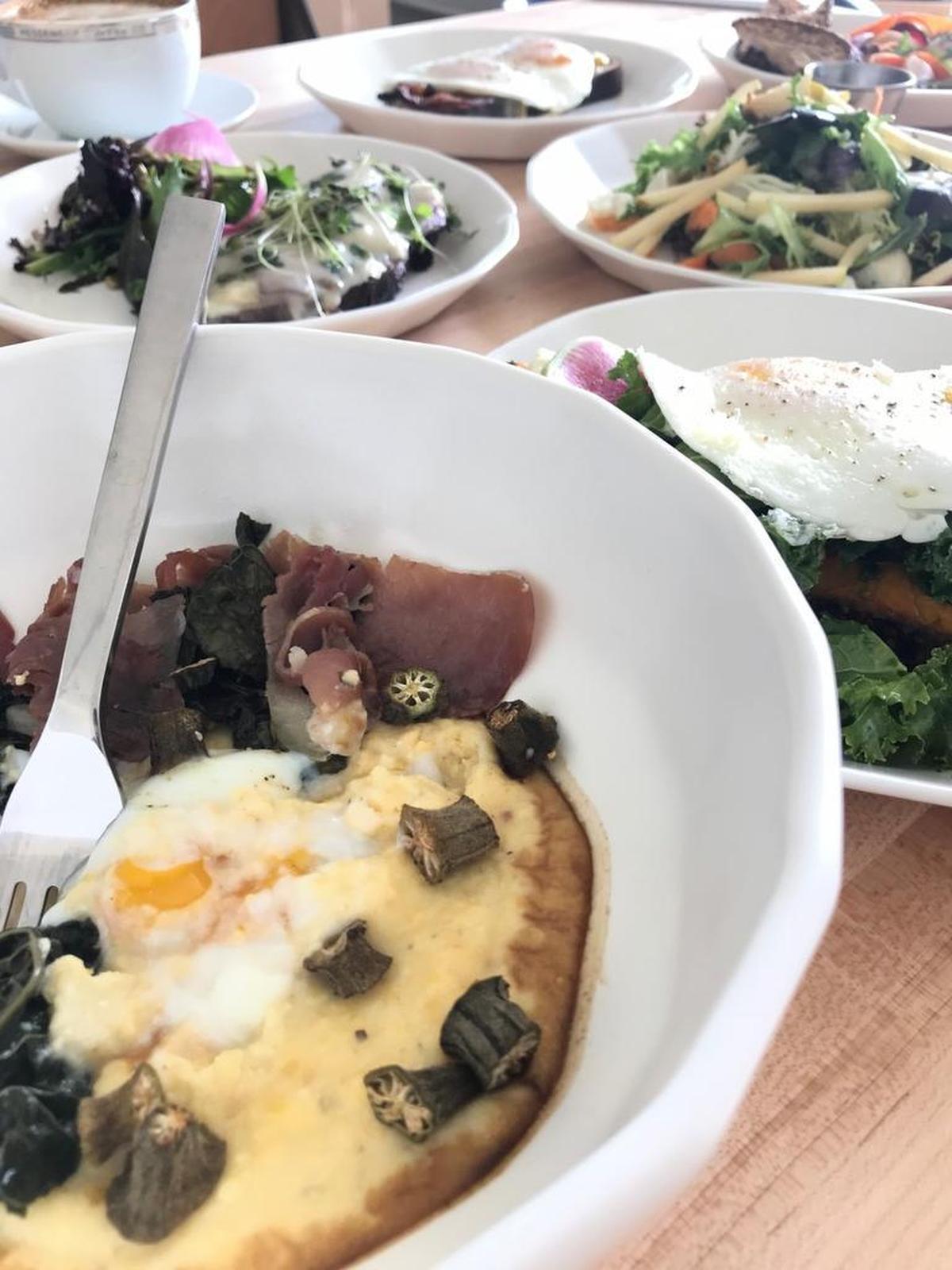 Crum’s heirloom polenta, country ham braised greens, crispy okra, soft poached egg with “red-eye” jus, $13 breakfast all day.