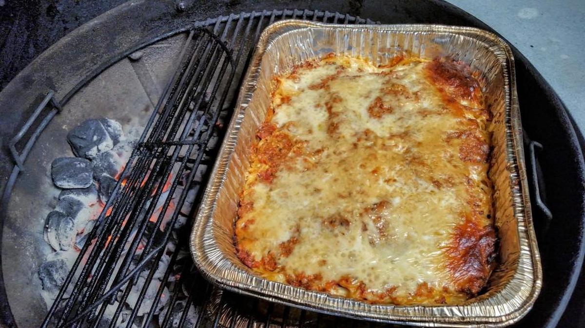 Spaghetti Pie ready to take off the grill