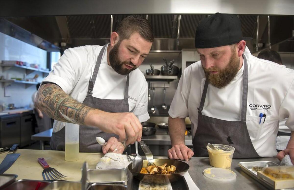 Chef Michael Corvino (left, shown here with cook Matt Stowe) is a semifinalist for Best Chef: Midwest in the James Beard Foundation’s 2018 Restaurant and Chef awards. His restaurant, Corvino Supper Club & Tasting Room, opened last year at 1830 Walnut in the Crossroads.