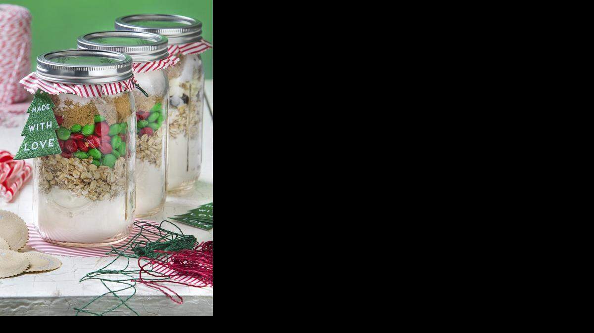 
Need a last-minute holiday gift idea? Layer cookie ingredients in a mason jar and decorate with colorful paper, bows or ribbon.
