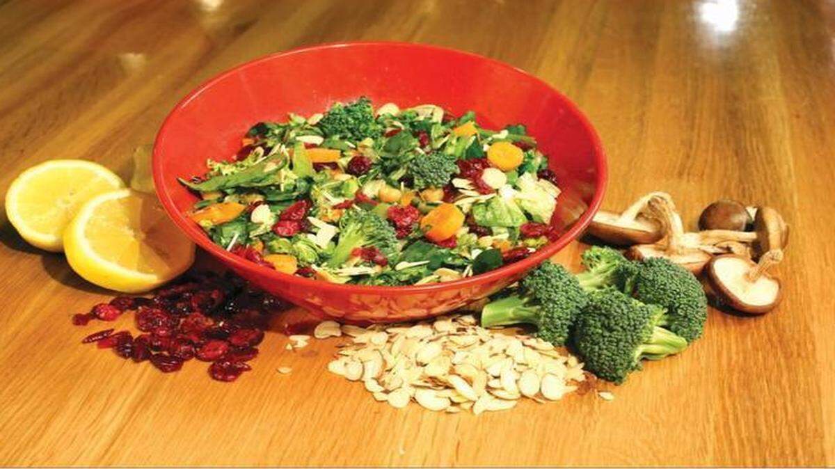 
Farmer’s Market Urban Crafted Salad with turkey, goat cheese, apples, cranberries and sunflower seeds. 
