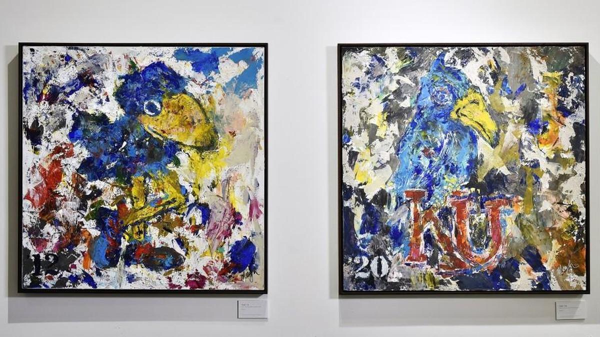 Artist and University of Kansas graduate Megh Knappenberger created six paintings of the university’s mascot, the Jayhawk, even incorporating rock chalk (limestone) in it. She was able to get licensing to use the Jayhawk image. The works have been bought by a KU alum.